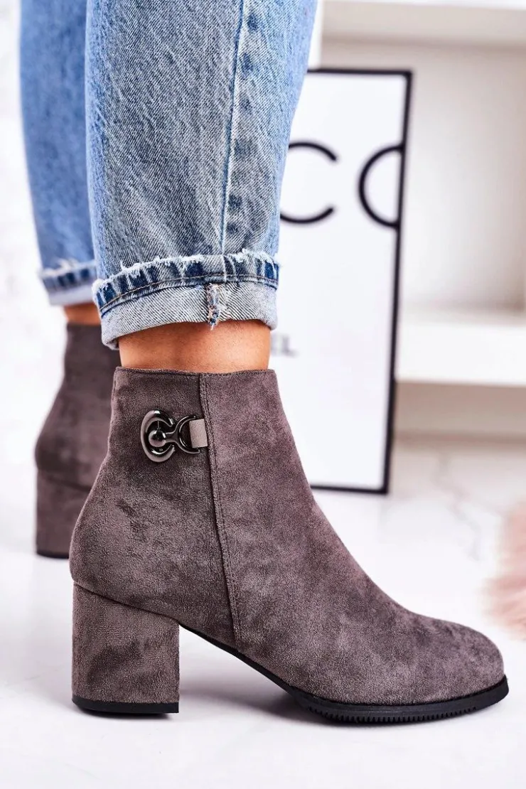 Boto Botki Na Słupku|Czarne Botki*Klasyczne Damskie Ocieplane Botki Na Słupku Szare Success