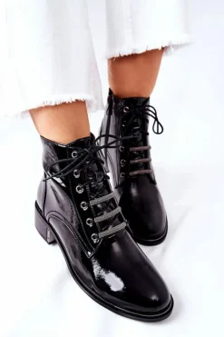 New Damskie buty S.Barski Klasyczne Damskie Ocieplane Botki Lakierowane Czarne Reflection
