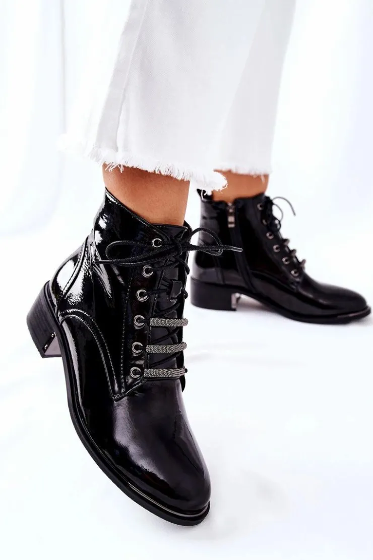 New Damskie buty S.Barski Klasyczne Damskie Ocieplane Botki Lakierowane Czarne Reflection