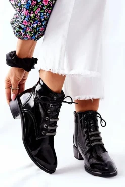 New Damskie buty S.Barski Klasyczne Damskie Ocieplane Botki Lakierowane Czarne Reflection