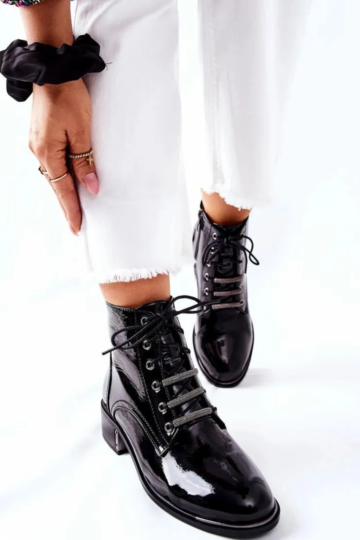 New Damskie buty S.Barski Klasyczne Damskie Ocieplane Botki Lakierowane Czarne Reflection