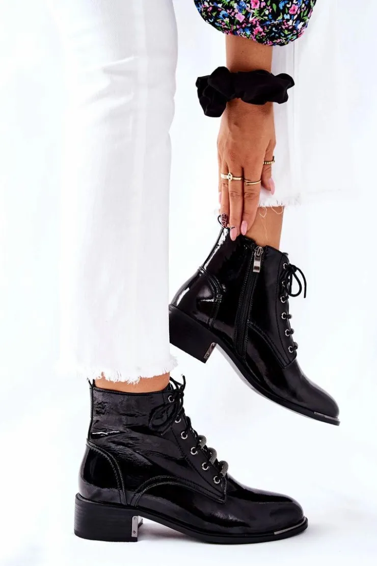 New Damskie buty S.Barski Klasyczne Damskie Ocieplane Botki Lakierowane Czarne Reflection