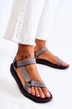 Outlet Boto Klasyczne Damskie Sandały Na Rzepy Szare Kalla