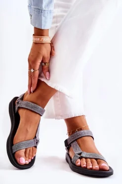 Outlet Boto Klasyczne Damskie Sandały Na Rzepy Szare Kalla