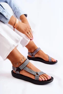 Outlet Boto Klasyczne Damskie Sandały Na Rzepy Szare Kalla