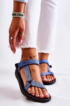 Boto Sandały Płaskie*Klasyczne Damskie Sandały Na Rzepy Niebieskie Kalla