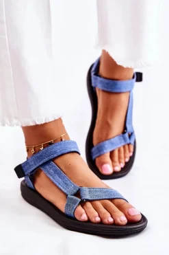 Boto Sandały Płaskie*Klasyczne Damskie Sandały Na Rzepy Niebieskie Kalla