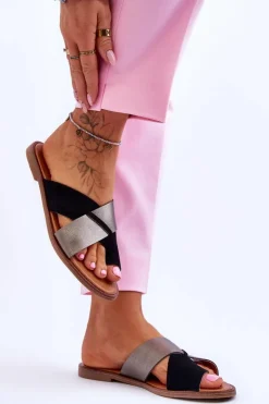 Discount Evento Klasyczne Damskie Skórzane Klapki Czarno-Platynowe Nancy