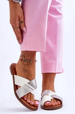 Evento Klapki Damskie Klasyczne*Klasyczne Damskie Skórzane Klapki Biało-Srebrne Nancy