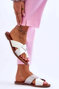 Evento Klapki Damskie Klasyczne*Klasyczne Damskie Skórzane Klapki Biało-Srebrne Nancy