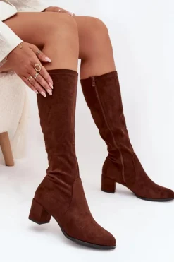 Buty Sergio Leone Kozaki Na Słupku|Kozaki Przed Kolano*Klasyczne Eko Zamszowe Kozaki Sergio Leone KZ205 Ciemnobrązowe