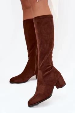 Buty Sergio Leone Kozaki Na Słupku|Kozaki Przed Kolano*Klasyczne Eko Zamszowe Kozaki Sergio Leone KZ205 Ciemnobrązowe