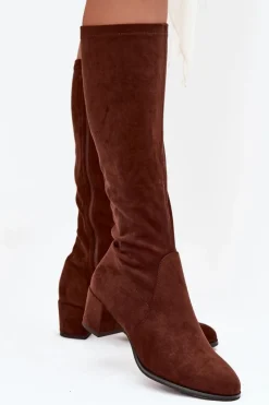 Buty Sergio Leone Kozaki Na Słupku|Kozaki Przed Kolano*Klasyczne Eko Zamszowe Kozaki Sergio Leone KZ205 Ciemnobrązowe