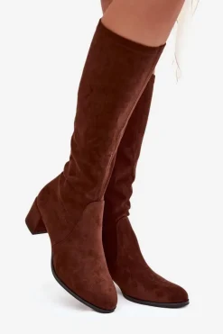 Buty Sergio Leone Kozaki Na Słupku|Kozaki Przed Kolano*Klasyczne Eko Zamszowe Kozaki Sergio Leone KZ205 Ciemnobrązowe