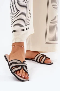 Hot Boto Klasyczne Klapki Damskie Płaskie Beżowo-Czarne Scazze