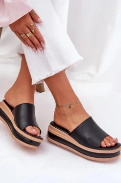 Hot Boto Klasyczne Klapki Damskie Na Platformie I Koturnie Czarne Florenis