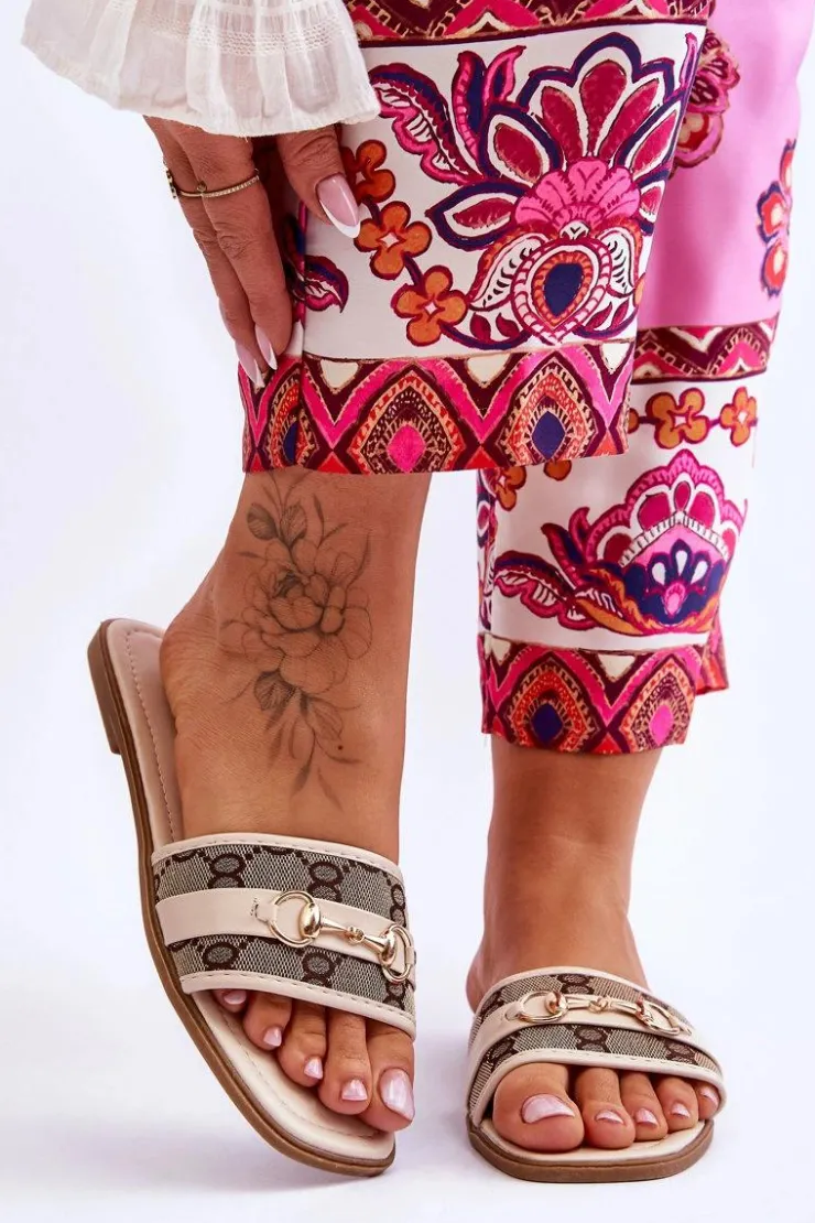 Discount Boto Klasyczne Klapki Na Płaskim Obcasie Beżowe Marlene Beżowy