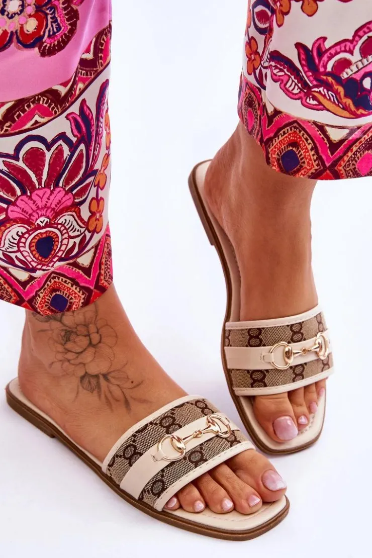 Discount Boto Klasyczne Klapki Na Płaskim Obcasie Beżowe Marlene Beżowy