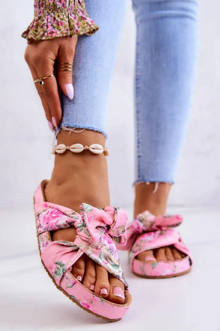 Big Star Shoes Klapki Damskie Big Star|Klapki Damskie Klasyczne*Klasyczne Klapki W Kwiaty Big Star JJ274702 Różowe