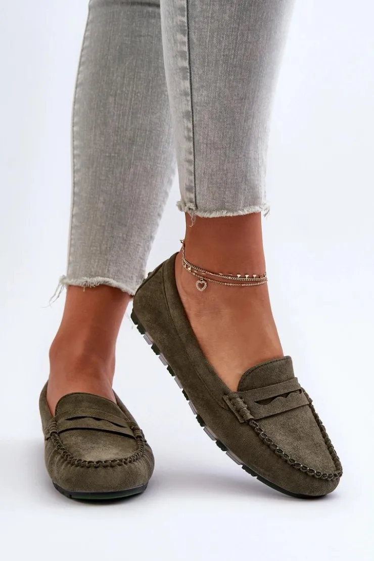 Evento Loafersy Damskie|Mokasyny Damskie Zamszowe*Klasyczne Mokasyny Damskie Zamszowe Ciemnozielone Glimris Zielony