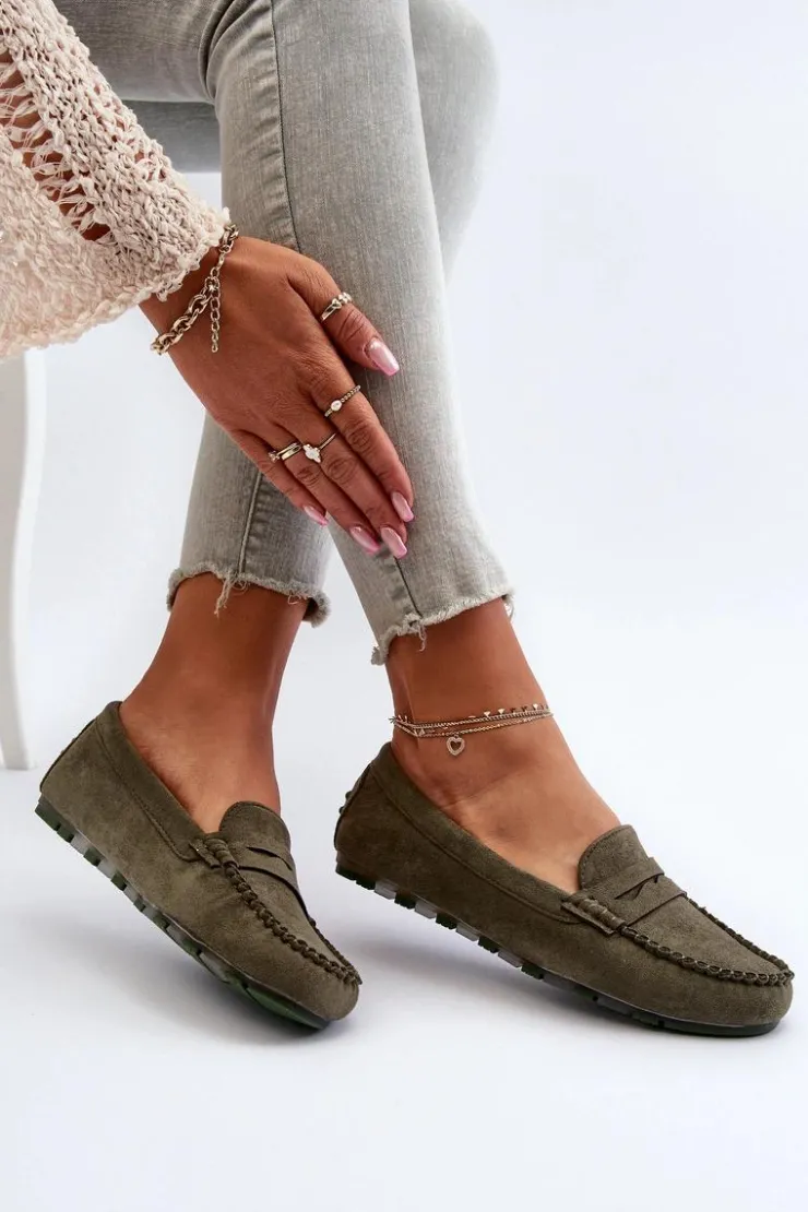 Evento Loafersy Damskie|Mokasyny Damskie Zamszowe*Klasyczne Mokasyny Damskie Zamszowe Ciemnozielone Glimris Zielony