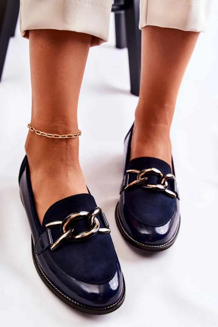 Hot Laura Messi Klasyczne Mokasyny Z Łańcuchem 2531 Granatowe