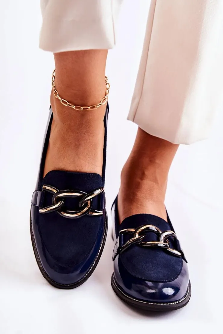Hot Laura Messi Klasyczne Mokasyny Z Łańcuchem 2531 Granatowe