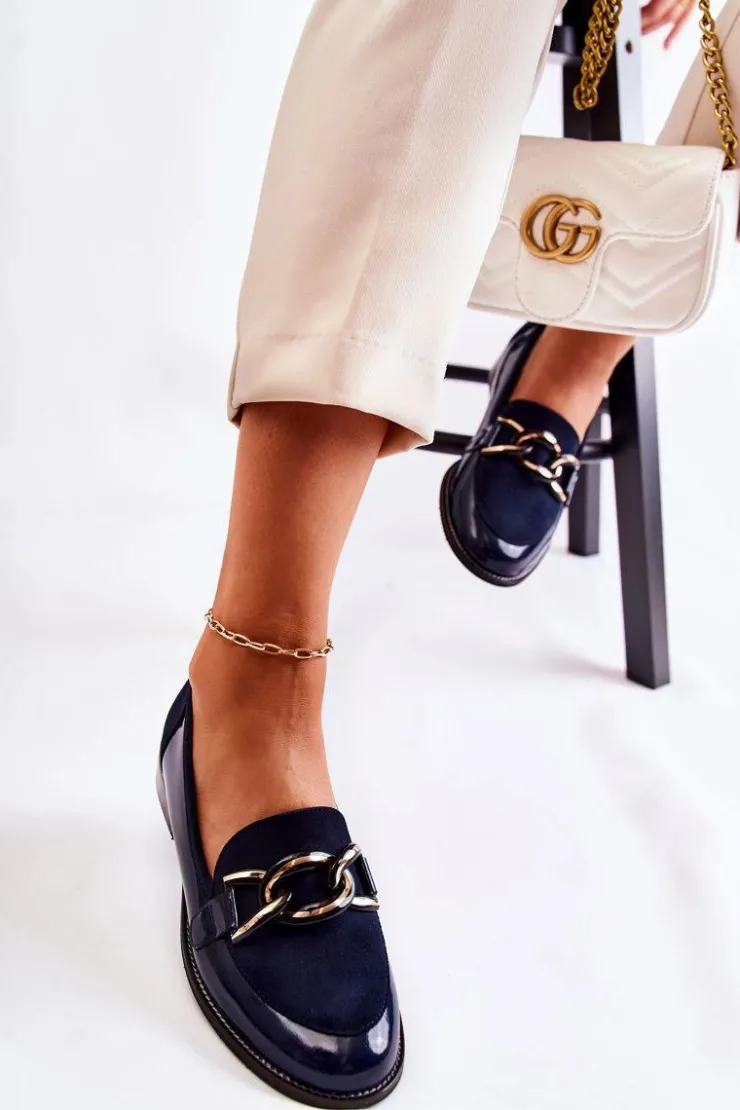 Hot Laura Messi Klasyczne Mokasyny Z Łańcuchem 2531 Granatowe