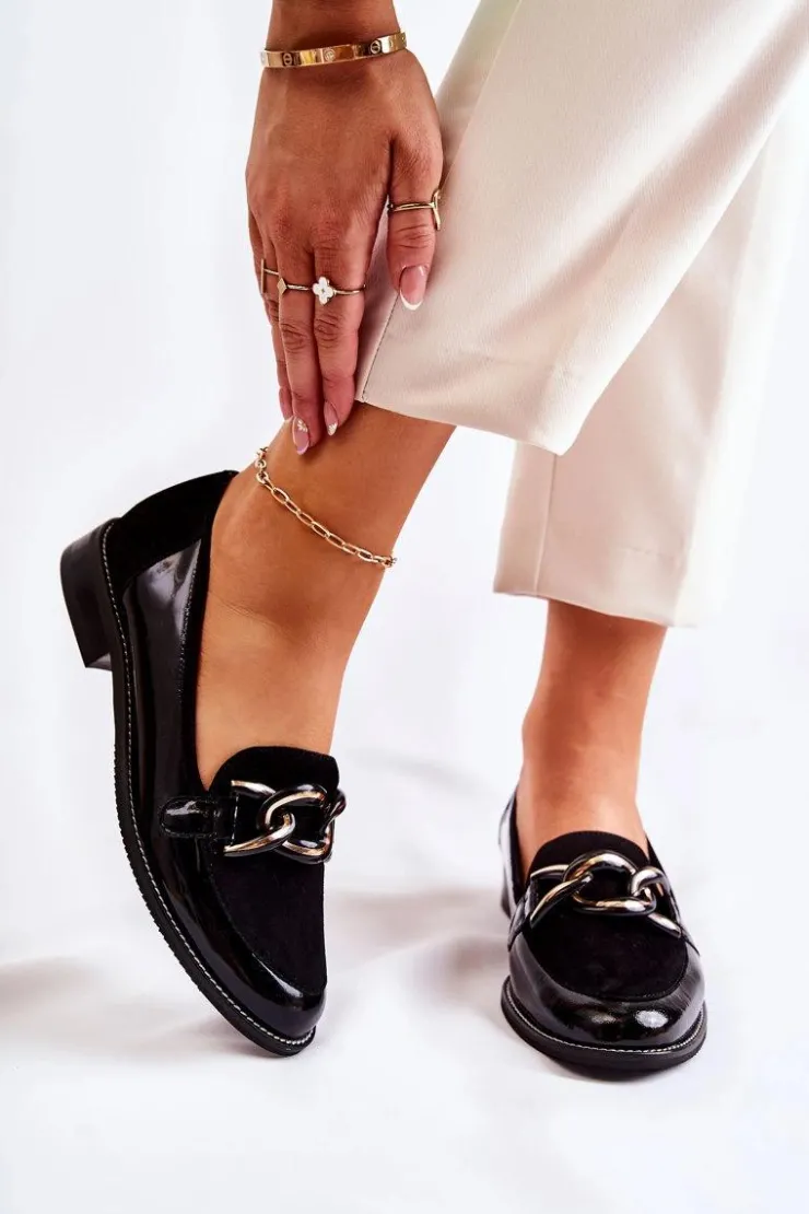 Laura Messi Mokasyny Damskie Lakierowane|Mokasyny Damskie Zamszowe*Klasyczne Mokasyny Z Łańcuchem 2531 Czarne