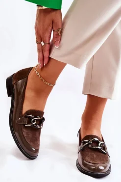 Damskie Laura Messi Klasyczne Mokasyny Z Łańcuchem 2531 Brązowe