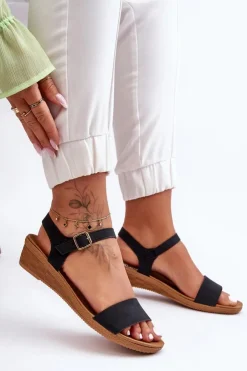 Damskie Boto Klasyczne Sandały Na Niskim Koturnie Czarne Arya