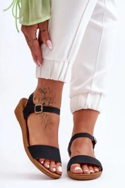 Damskie Boto Klasyczne Sandały Na Niskim Koturnie Czarne Arya