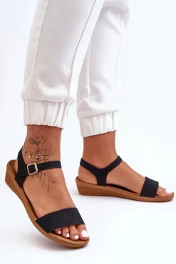 Damskie Boto Klasyczne Sandały Na Niskim Koturnie Czarne Arya