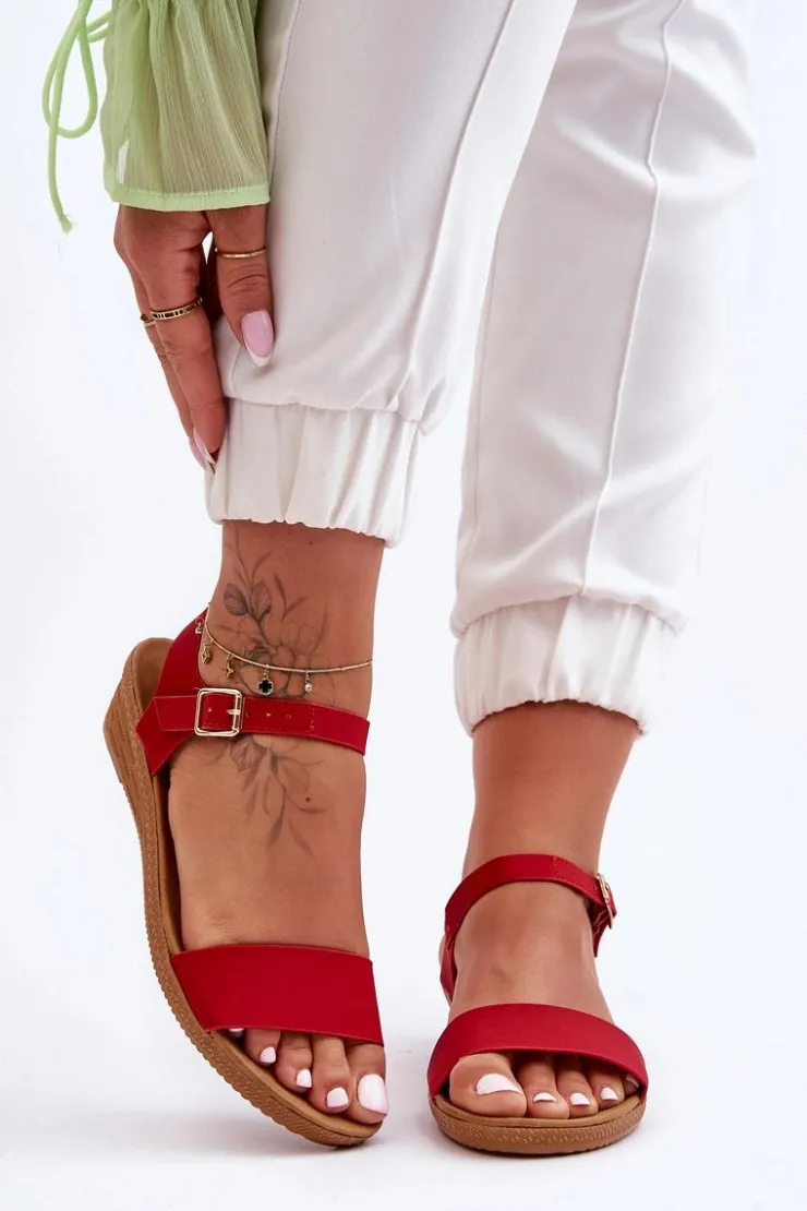 Boto Sandały Na Koturnie*Klasyczne Sandały Na Niskim Koturnie Czerwone Arya