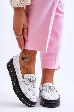 Damskie buty S.Barski Loafersy Damskie|Mokasyny Damskie Skórzane*Klasyczne Skórzane Ażurowe Mokasyny Z Ozdobą Białe Rendy