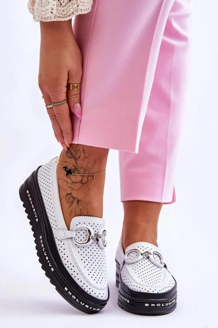 Damskie buty S.Barski Loafersy Damskie|Mokasyny Damskie Skórzane*Klasyczne Skórzane Ażurowe Mokasyny Z Ozdobą Białe Rendy