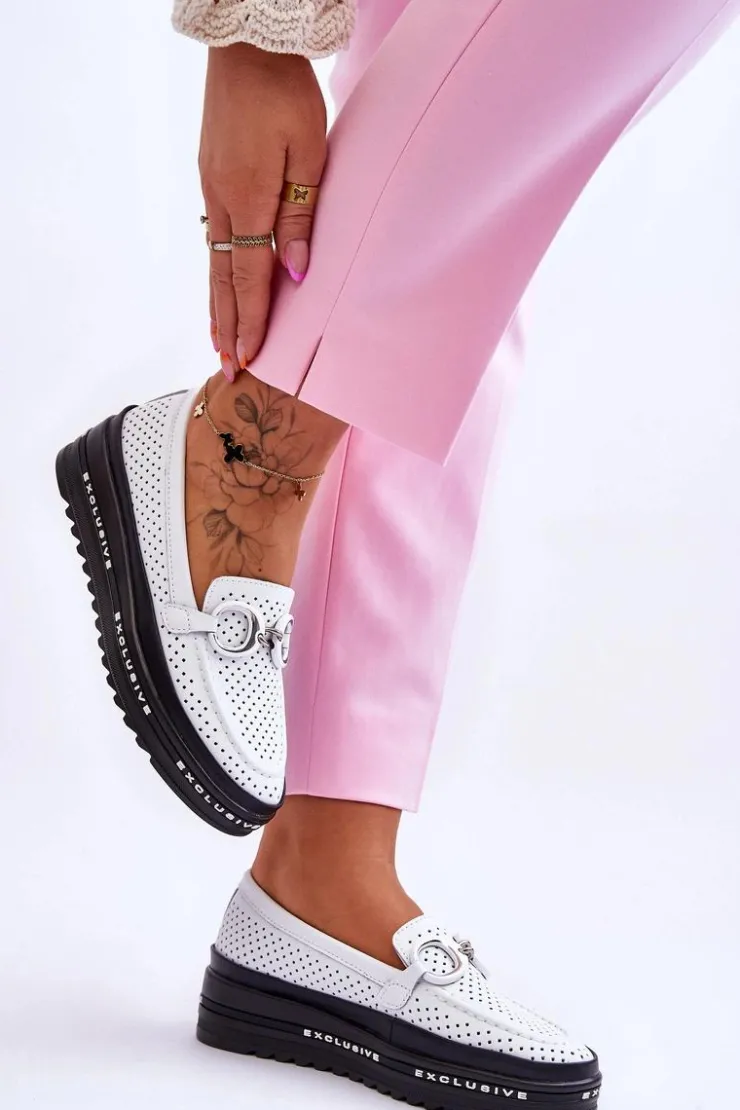 Damskie buty S.Barski Loafersy Damskie|Mokasyny Damskie Skórzane*Klasyczne Skórzane Ażurowe Mokasyny Z Ozdobą Białe Rendy