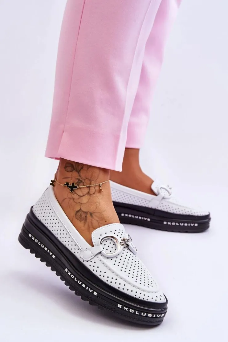 Damskie buty S.Barski Loafersy Damskie|Mokasyny Damskie Skórzane*Klasyczne Skórzane Ażurowe Mokasyny Z Ozdobą Białe Rendy