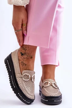 Damskie Damskie buty S.Barski Klasyczne Skórzane Ażurowe Mokasyny Z Ozdobą Złote Rendy