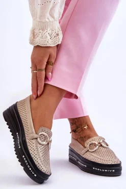 Damskie Damskie buty S.Barski Klasyczne Skórzane Ażurowe Mokasyny Z Ozdobą Złote Rendy