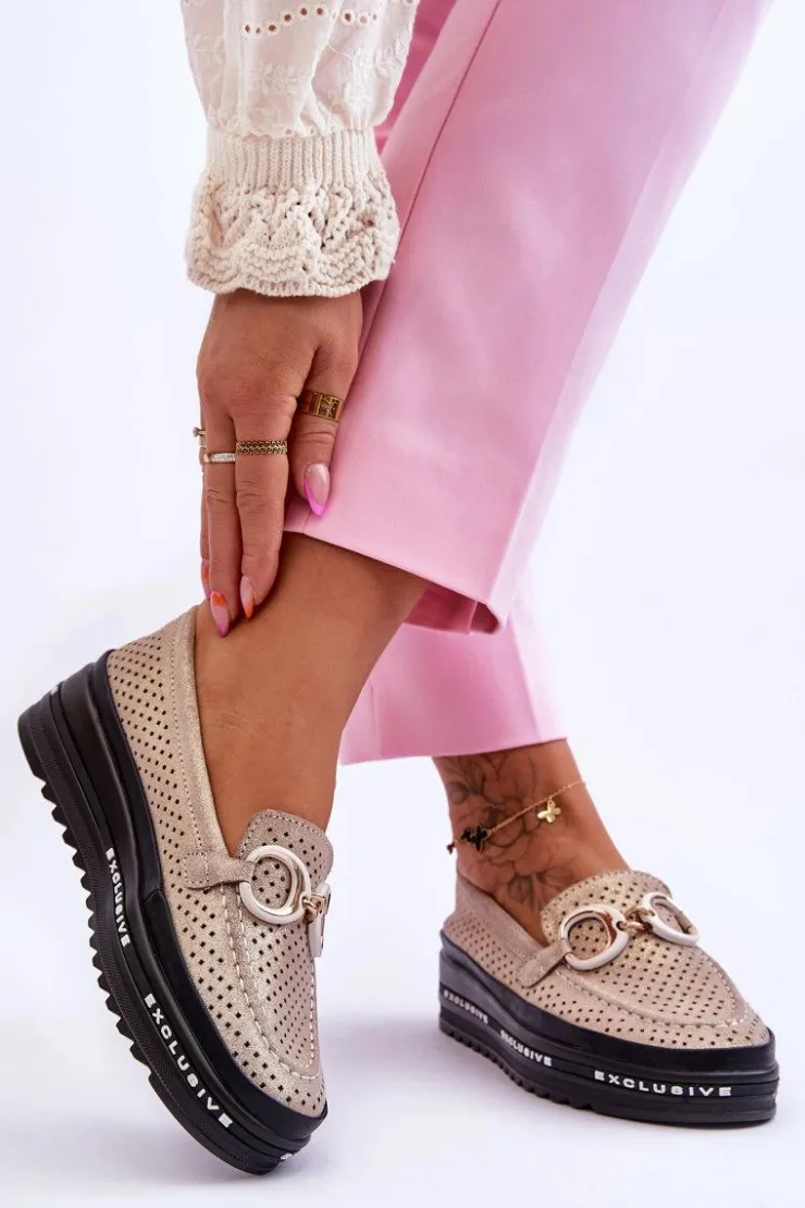 Damskie Damskie buty S.Barski Klasyczne Skórzane Ażurowe Mokasyny Z Ozdobą Złote Rendy