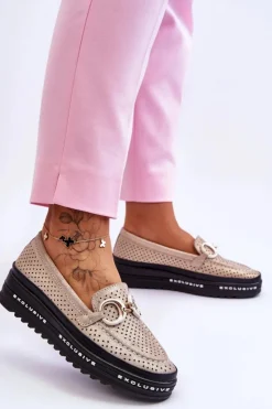 Damskie Damskie buty S.Barski Klasyczne Skórzane Ażurowe Mokasyny Z Ozdobą Złote Rendy