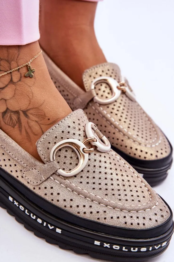 Damskie Damskie buty S.Barski Klasyczne Skórzane Ażurowe Mokasyny Z Ozdobą Złote Rendy