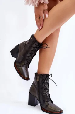 Damskie Maciejka Klasyczne Skórzane Botki Sznurowane 05667-09 Zielone