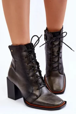 Damskie Maciejka Klasyczne Skórzane Botki Sznurowane 05667-09 Zielone