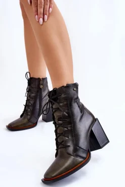 Damskie Maciejka Klasyczne Skórzane Botki Sznurowane 05667-09 Zielone