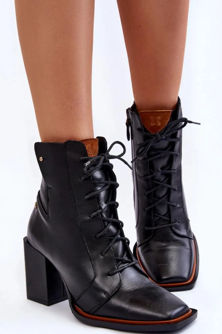 Damskie Maciejka Klasyczne Skórzane Botki Sznurowane 05667-01 Czarne