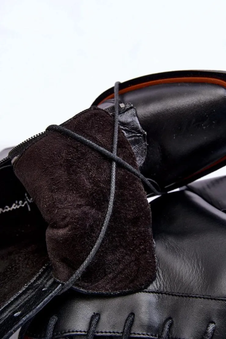 Damskie Maciejka Klasyczne Skórzane Botki Sznurowane 05667-01 Czarne