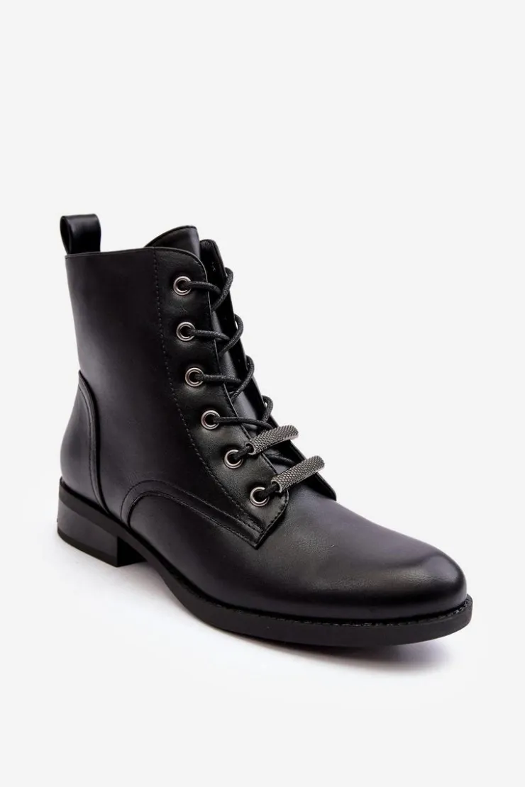 Damskie buty S.Barski Botki Sznurowane|Czarne Botki*Klasyczne Skórzane Damskie Ocieplane Botki S.Barski HY75-10 Czarne