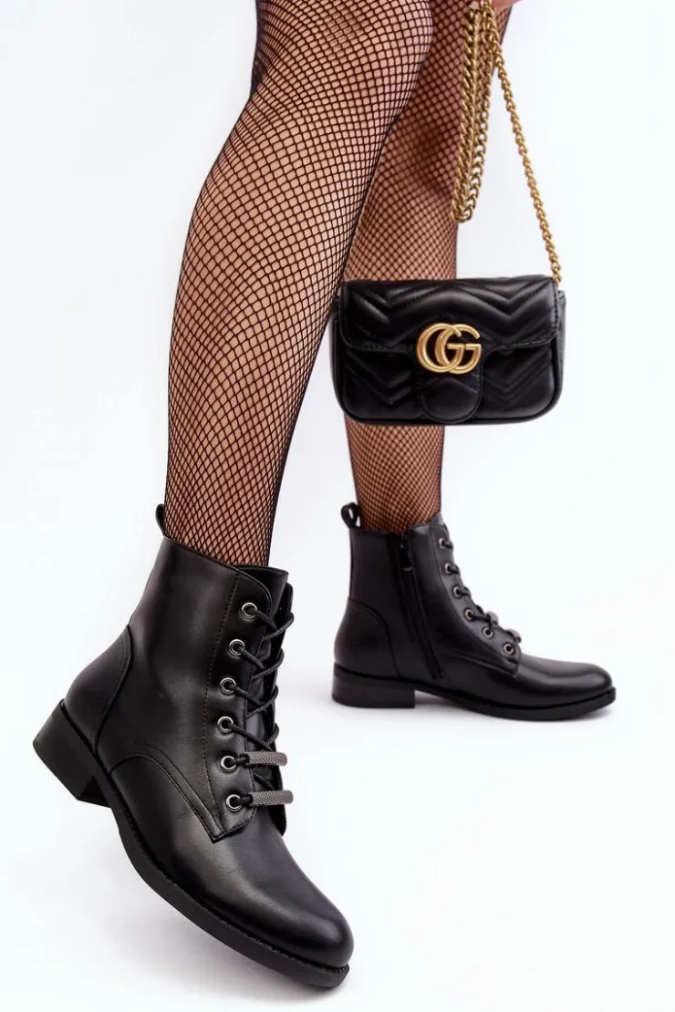 Damskie buty S.Barski Botki Sznurowane|Czarne Botki*Klasyczne Skórzane Damskie Ocieplane Botki S.Barski HY75-10 Czarne